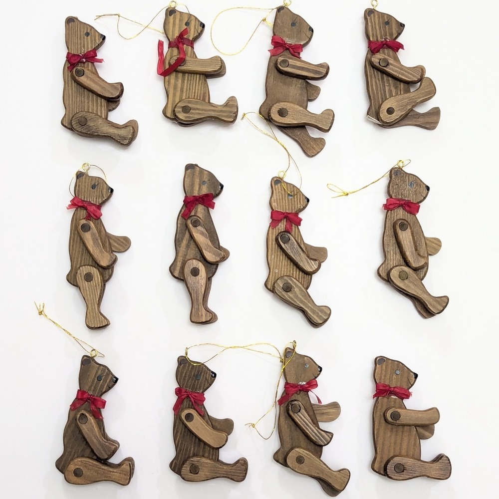 Vintage Wood Jointed Teddy Bear Ornament Midwest Christmas (Lot of 12) Taiwan